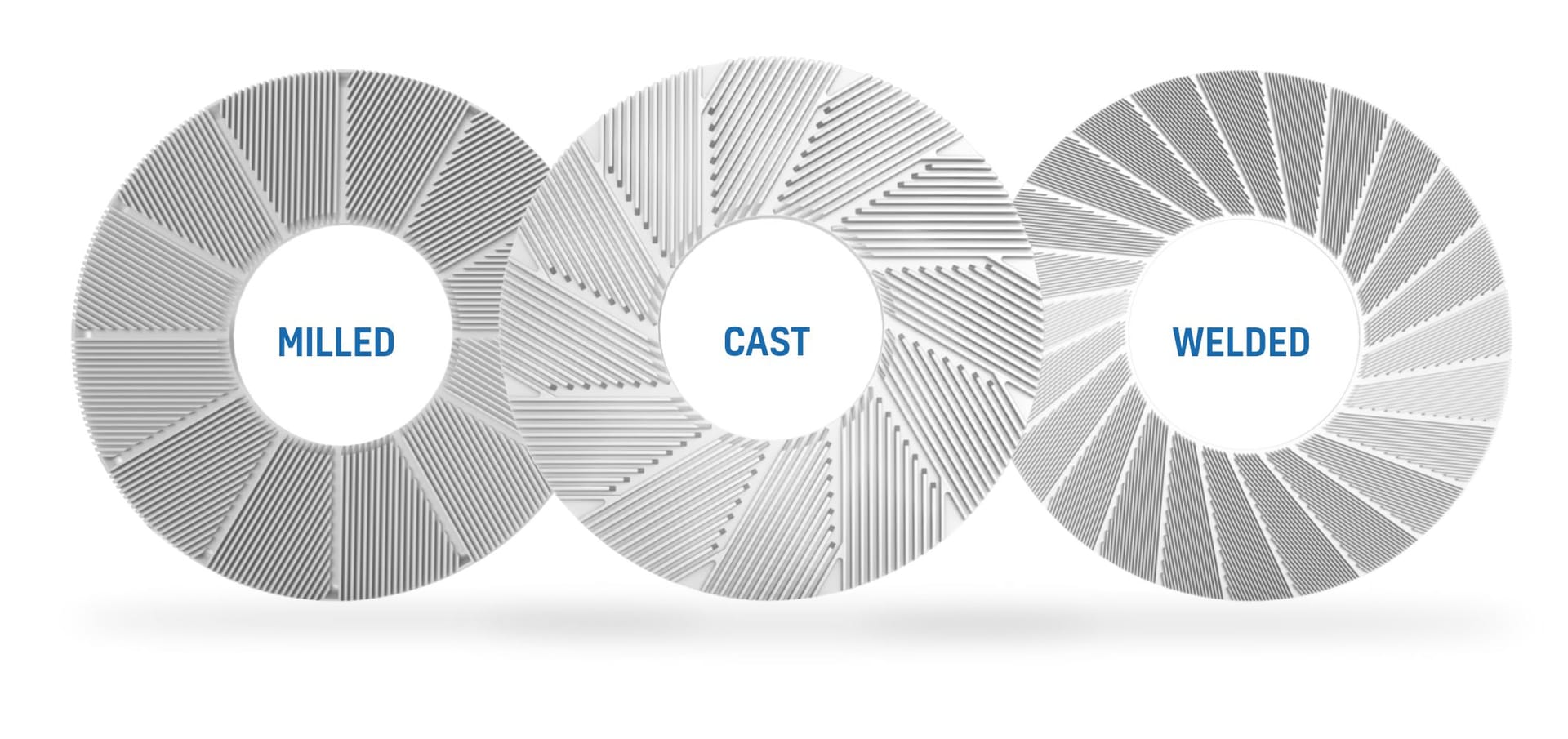 Refiner disc options showing milled, cast, and welded disc patterns